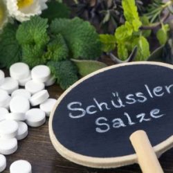 Auf einem Holztisch liegen verschiedene Kräuter, Tabletten und ein Schild "Schüssler Salze"