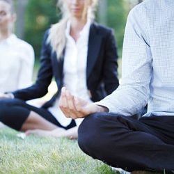 Geschäftsleute beim Yoga im Park.