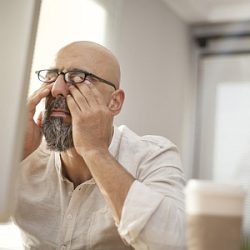 Mann vor Computer reibt sich die müden Augen